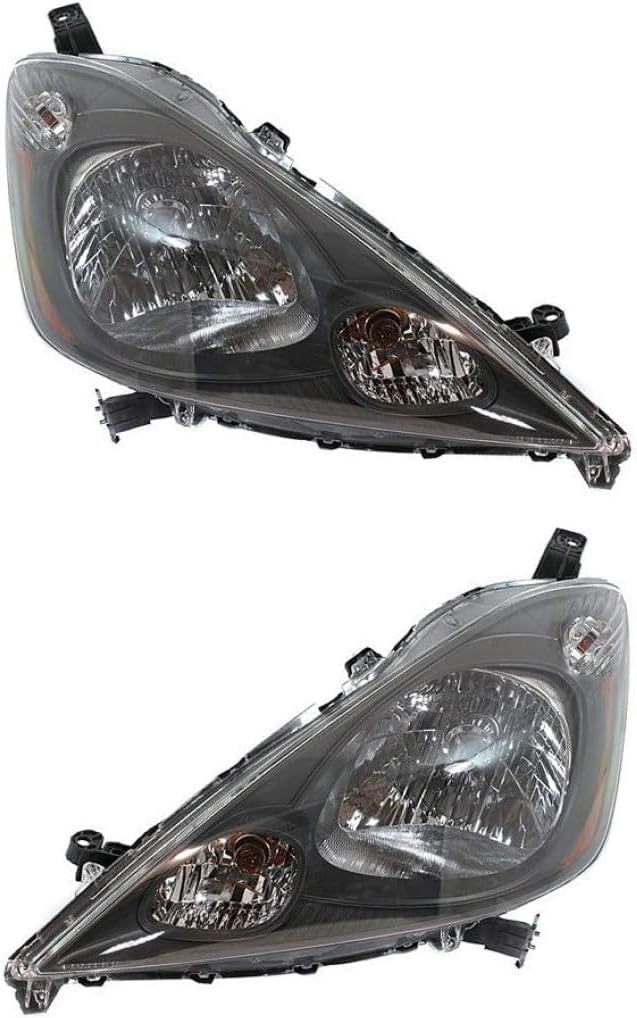 Front Bumper Cover Primed Plastic + Grille Textured + Headlights Left Driver & Right Passenger Side Direct Replacement Compatible With 2009-2014 Honda
