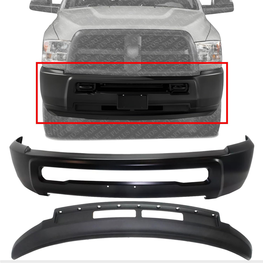 AUTOS PARTS PLUS Front Bumper Primed Steel Without Fog Light Holes + Lower Valance Air Dam Textured Direct Replacement Compatible With 2013-2018 Ram 2500 3500 CH1002389 CH1090149 1MQ01TZZAB 1MQ01RXFAB