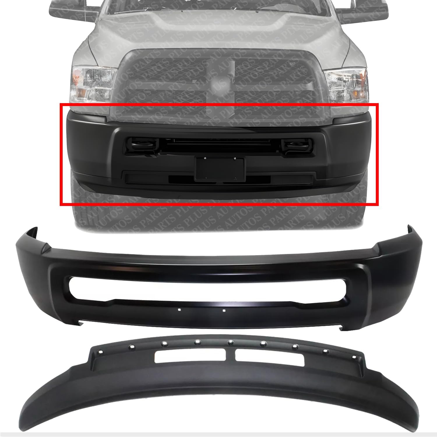 AUTOS PARTS PLUS Front Bumper Primed Steel Without Fog Light Holes + Lower Valance Air Dam Textured Direct Replacement Compatible With 2013-2018 Ram 2500 3500 CH1002389 CH1090149 1MQ01TZZAB 1MQ01RXFAB