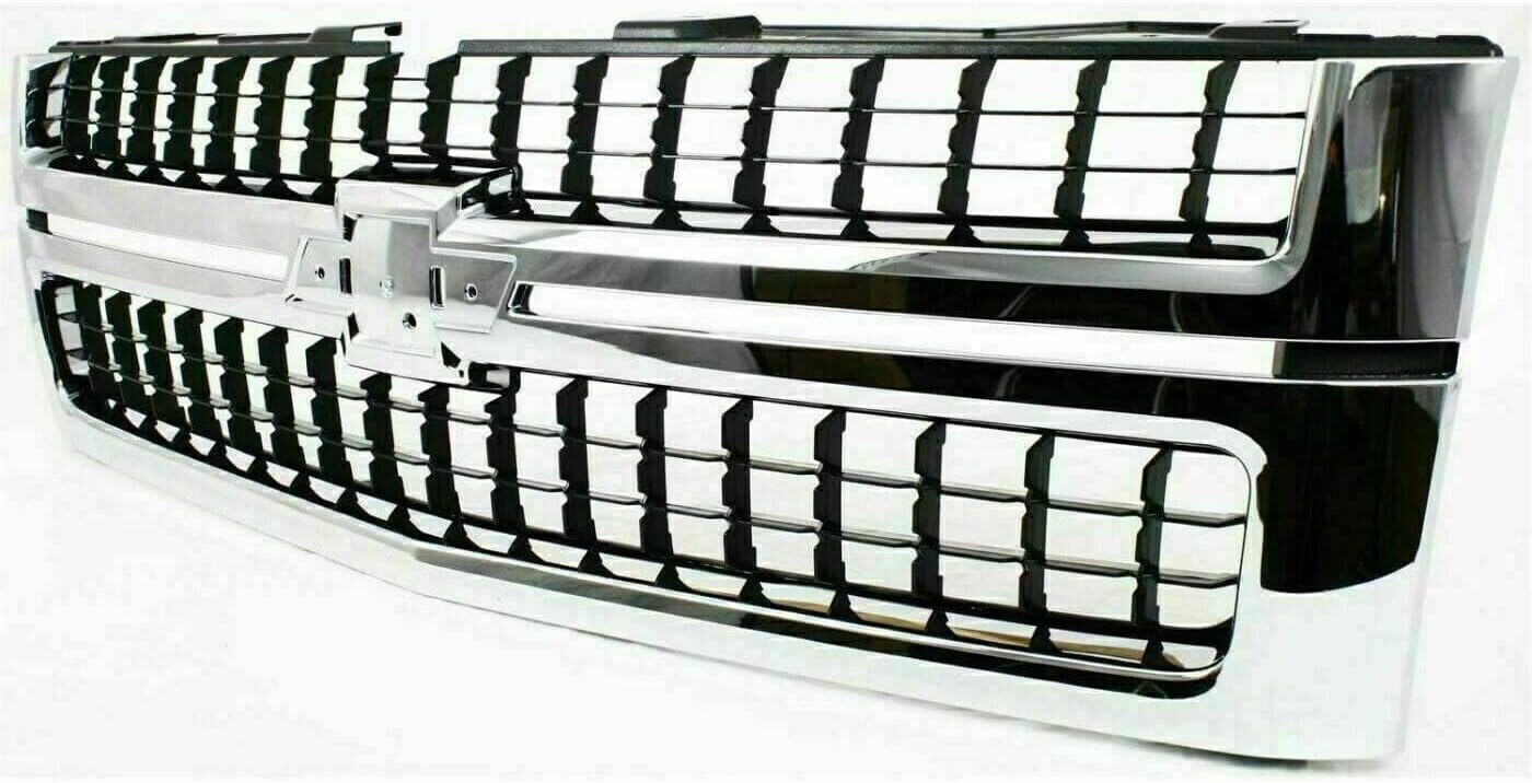 Front Grille Chrome Shell & Insert + Hood Molding Direct Replacement Compatible With 2007-2010 Chevrolet Silverado 2500/3500 HD GM1200608 GM1235112 25825521 15911579
