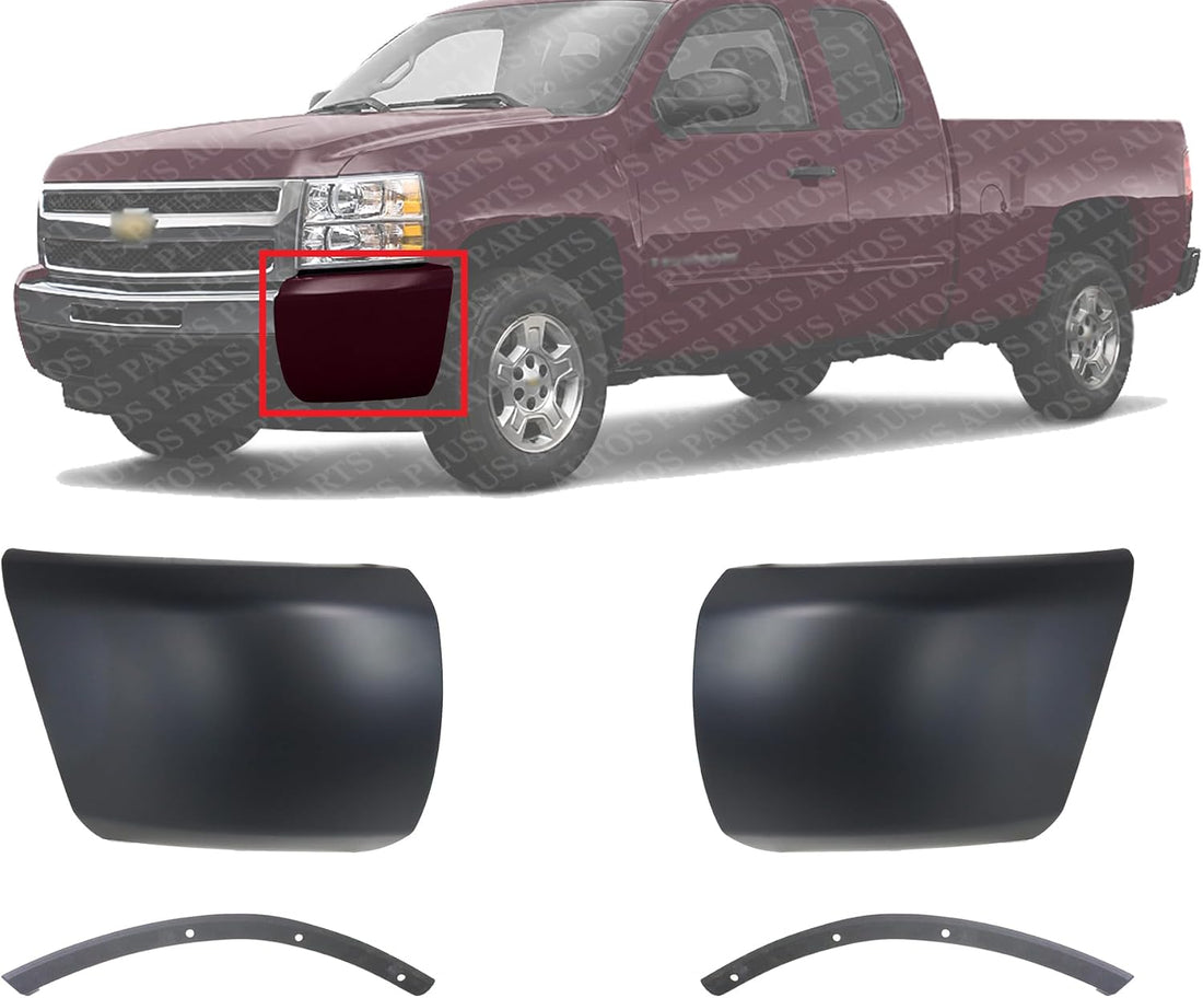 Front Bumper End Cap Without Fog Light Hole + Outer Filler Primed Left Driver & Right Passenger Side Direct Replacement Compatible With 2007-2013 Chevrolet Silverado 1500 GM1017103