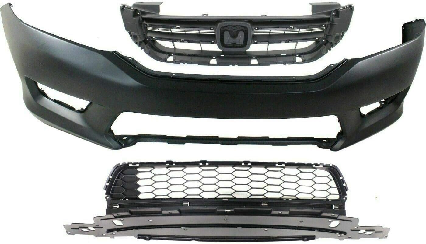 Front Bumper Cover Primed + Upper & Lower Grille Textured Direct Replacement Compatible With 2013-2015 Honda Accord HO1000288 HO1036114 HO1200214 04711T2AA90ZZ 71103T2AA00 71121T2FA01