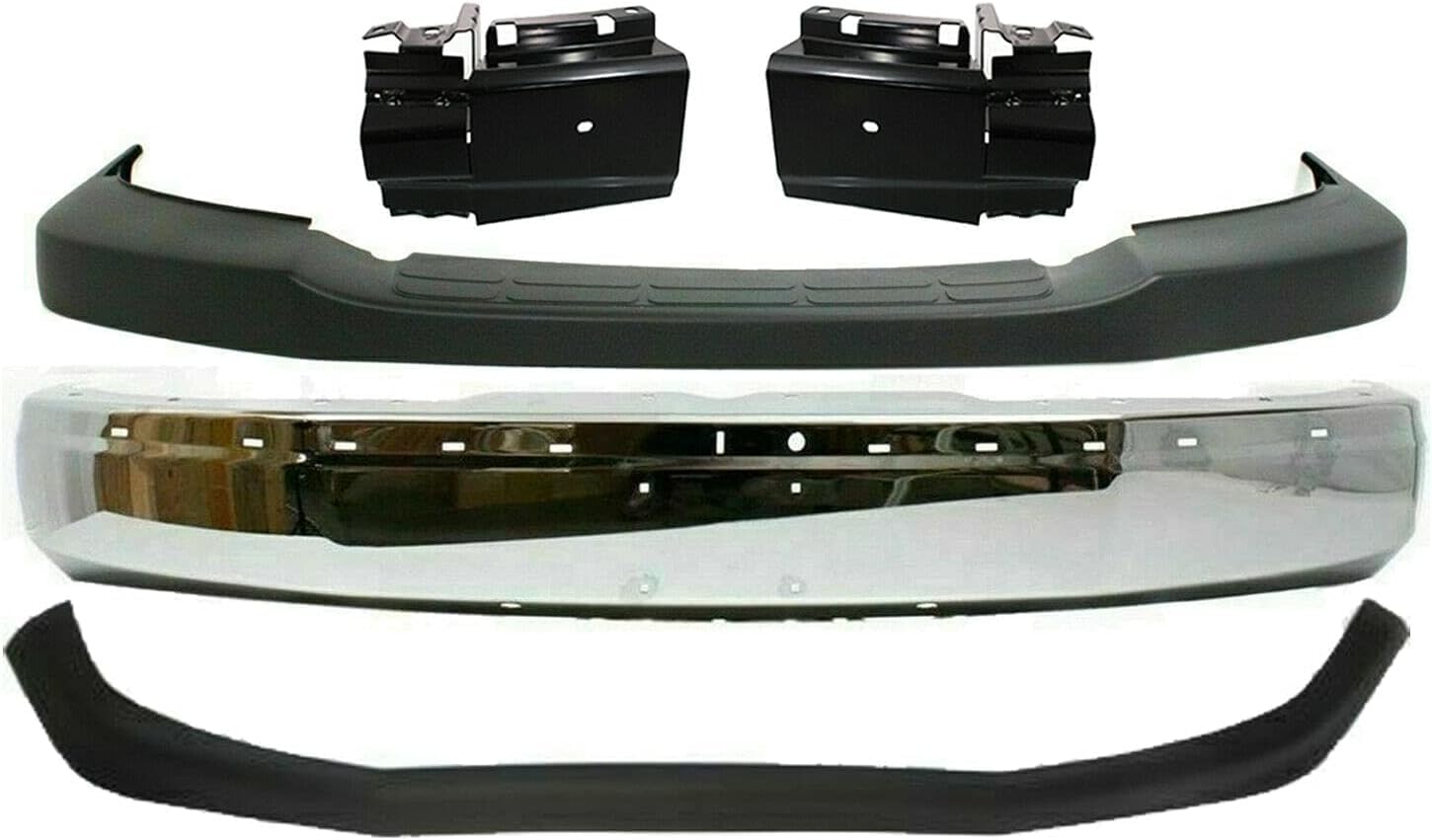 Front Bumper Chrome Steel + Upper Cover + Lower Valance Textured + Bracket Left & Right Side Direct Replacement Compatible With 2003-2017 GMC Savana/Chevrolet Express 1500 2500 3500