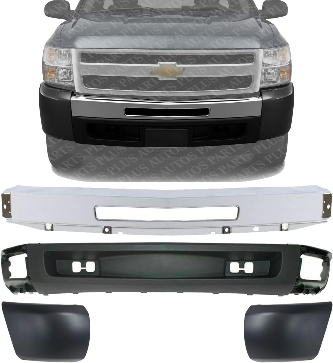 Front Bumper Impact Bar Chrome + Lower Valance Textured + End Caps Plastic Left Driver & Right Passenger Side Direct Replacement Compatible With 2009-2013 Chevrolet Silverado 1500