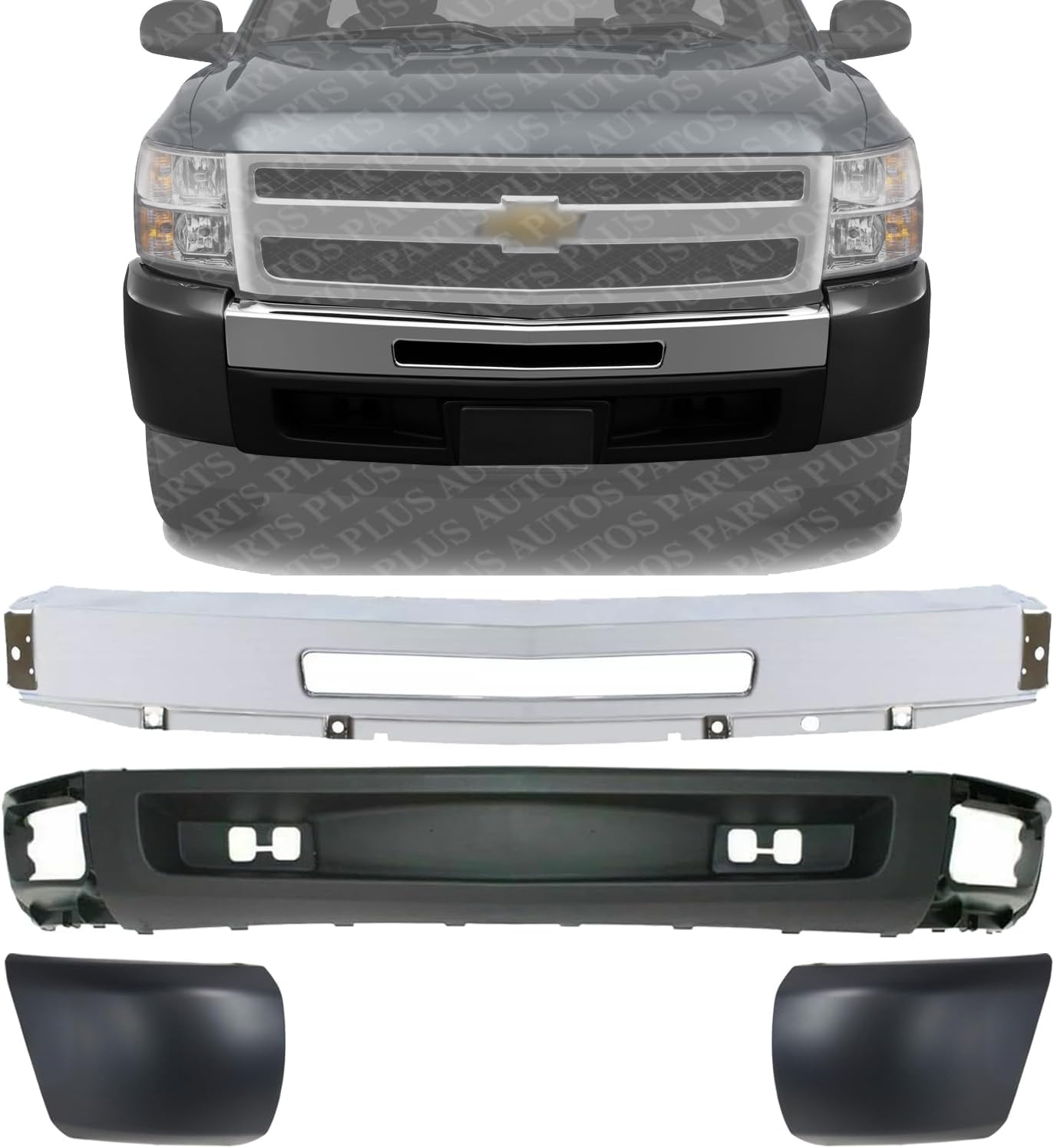 Front Bumper Impact Bar Chrome + Lower Valance Textured + End Caps Plastic Left Driver & Right Passenger Side Direct Replacement Compatible With 2009-2013 Chevrolet Silverado 1500