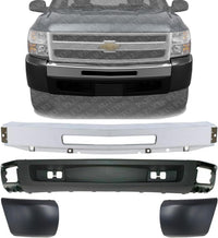 Front Bumper Impact Bar Chrome + Lower Valance Textured + End Caps Plastic Left Driver & Right Passenger Side Direct Replacement Compatible With 2009-2013 Chevrolet Silverado 1500