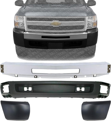 Front Bumper Impact Bar Chrome + Lower Valance Textured + End Caps Plastic Left Driver & Right Passenger Side Direct Replacement Compatible With 2009-2013 Chevrolet Silverado 1500