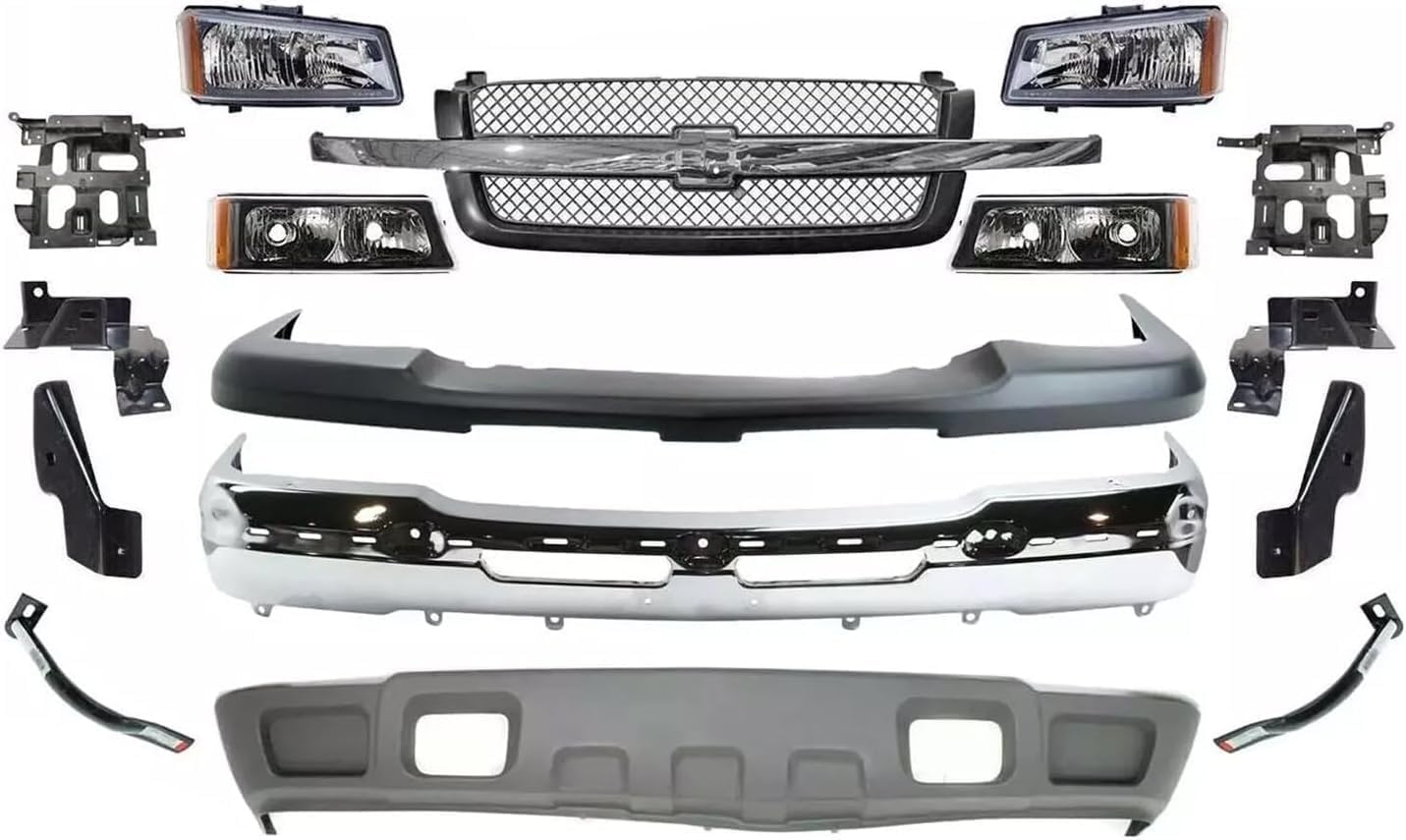 Front Bumper + Upper Cover Textured + Lower Valance + Grille + Brackets + Headlight + Signal Lamp Left & Right Side Direct Replacement Compatible With 2003-06 Chevrolet Silverado 1500