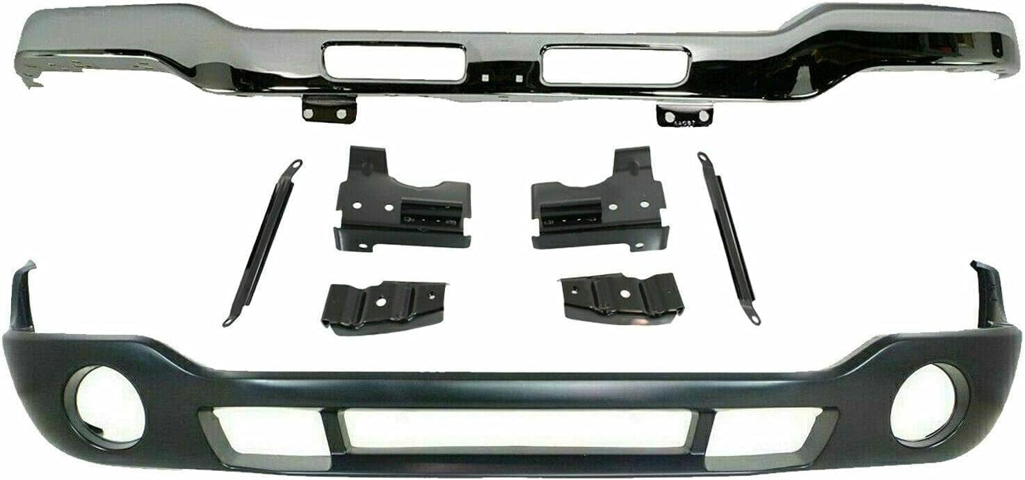 AUTOS PARTS PLUS Front Bumper Chrome Steel With Brackets + Lower Valance Primed With Fog Light Holes Direct Replacement Compatible With GMC Sierra 1500 2500HD 3500 2003-2006 GM1002463 GM1000684