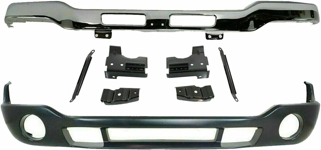 AUTOS PARTS PLUS Front Bumper Chrome Steel With Brackets + Lower Valance Primed With Fog Light Holes Direct Replacement Compatible With GMC Sierra 1500 2500HD 3500 2003-2006 GM1002463 GM1000684
