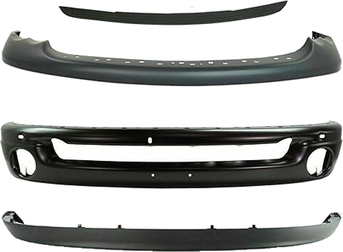 Front Bumper Primed + Upper Cover + Step Pad Molding + Lower Valance Air Dam Direct Replacement Compatible With 2002-2005 Dodge Ram 1500 2500 3500 CH1000338 CH1090125 CH1002377