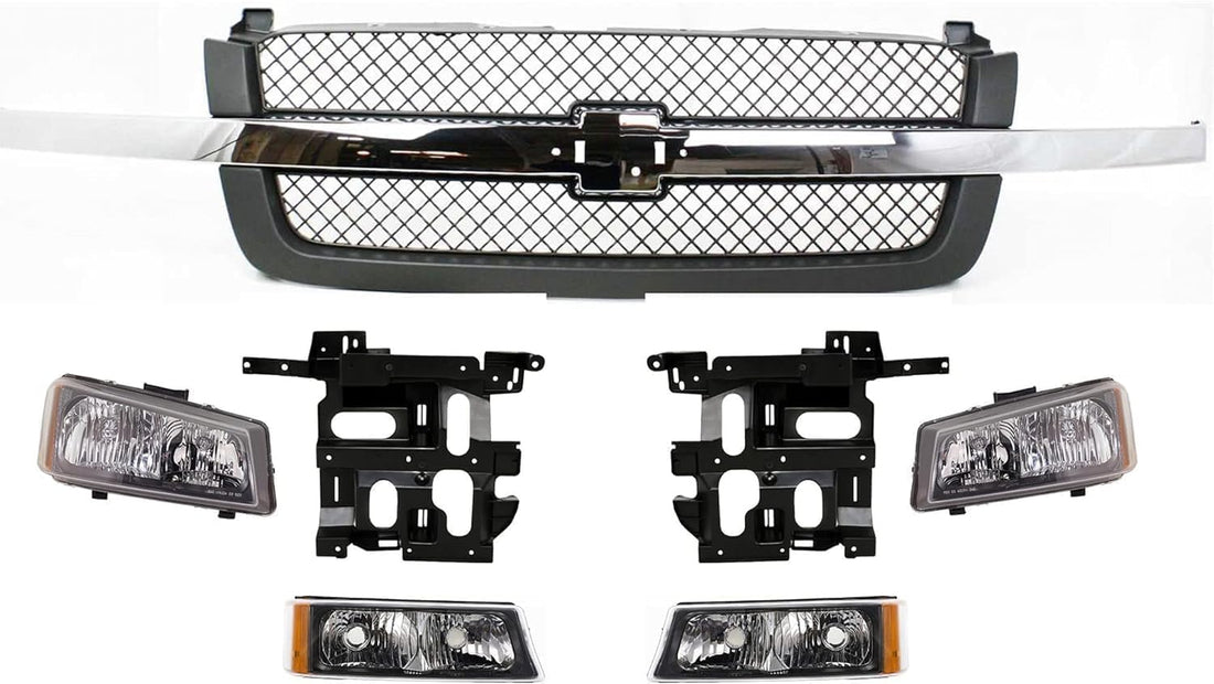 Front Grille With Chrome Center Bar + Header Panel + Headlights + Signal Lights + Bracket Left & Right Side Direct Replacement Compatible With 2002-2006 Chevrolet Avalanche 1500 2500