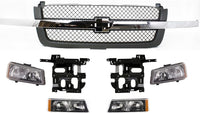 Front Grille With Chrome Center Bar + Header Panel + Headlights + Signal Lights + Bracket Left & Right Side Direct Replacement Compatible With 2002-2006 Chevrolet Avalanche 1500 2500