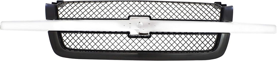 Bumper Chrome Steel + Grille Primed + Upper Cover + Lower Valance Textured with Fog Lights Holes Direct Replacement For Chevrolet Silverado 1500 / Avalanche 2003-2006