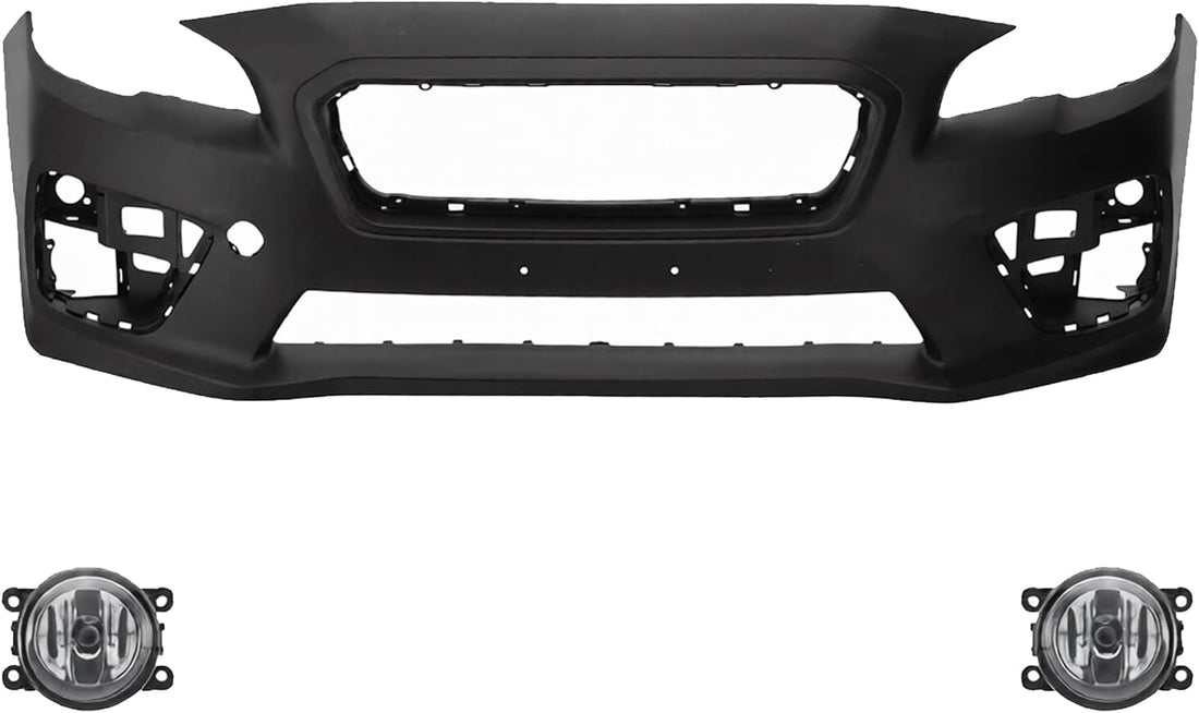 Front Bumper Cover Primed Plastic + Fog Lights Left Driver & Right Passenger Side Direct Replacement Compatible With 2015-2017 Subaru WRX