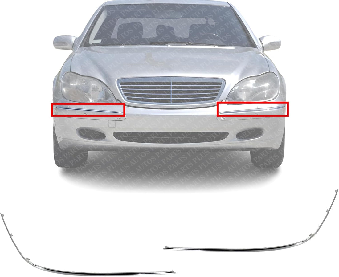 Set Of 2 Front Bumper Molding Chrome Left Driver & Right Passenger Side Direct Replacement Compatible With 2000-2002 Mercedes Benz S-Class MB1059102 MB1058102 2208850274 2208850174