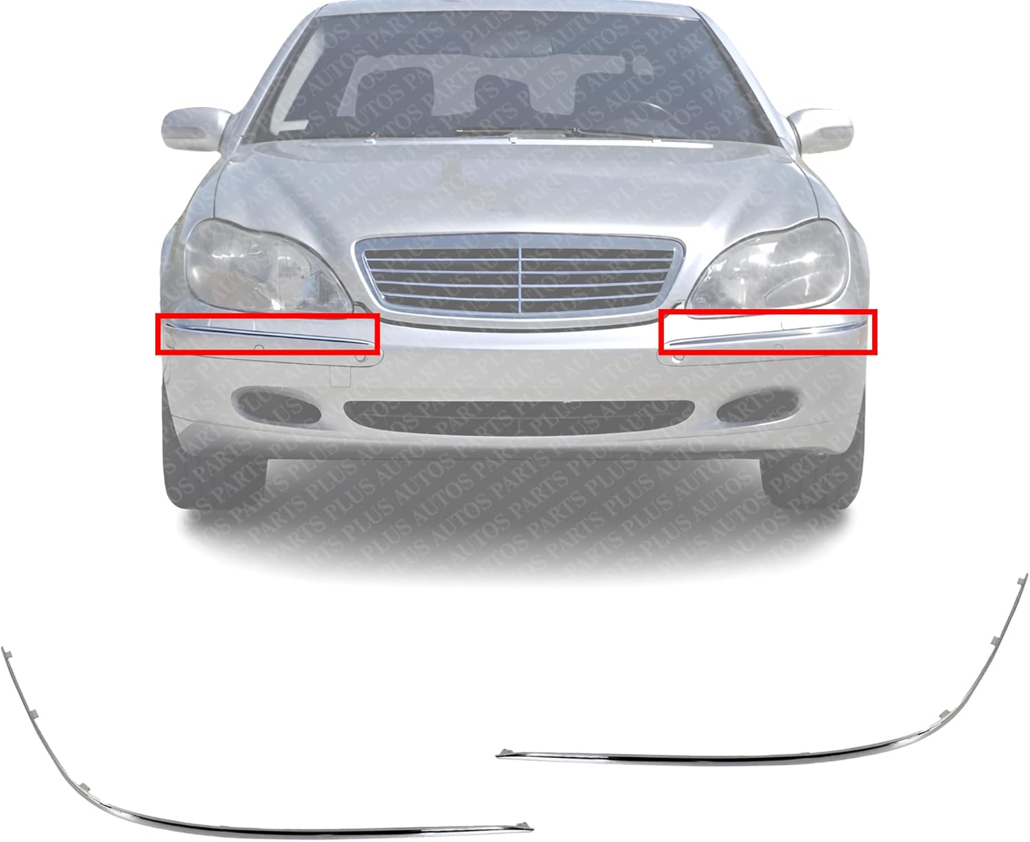 Set Of 2 Front Bumper Molding Chrome Left Driver & Right Passenger Side Direct Replacement Compatible With 2000-2002 Mercedes Benz S-Class MB1059102 MB1058102 2208850274 2208850174