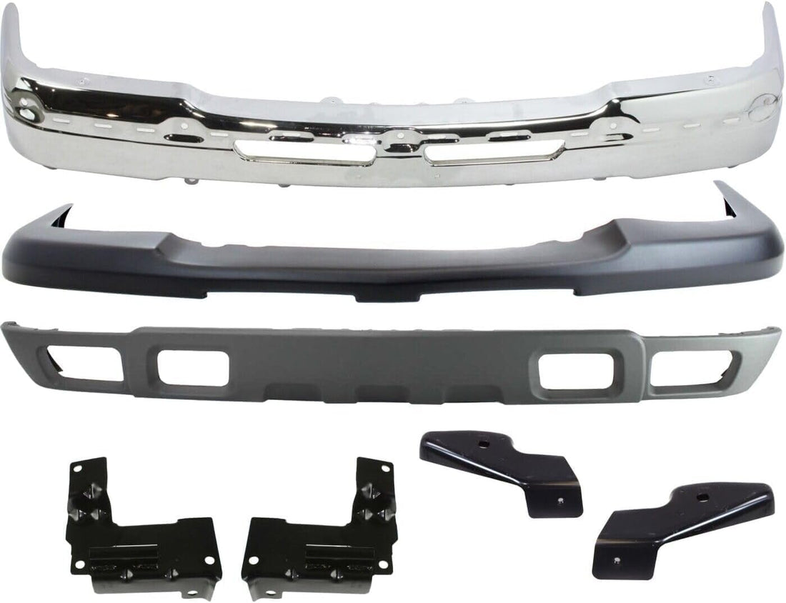 Front Bumper Chrome + Grille + Upper Cover + Lower Valance Textured + Brackets + Headlights + Fog Lamps Left & Right Direct Replacement Compatible With 2003-2006 Chevy Silverado 1500