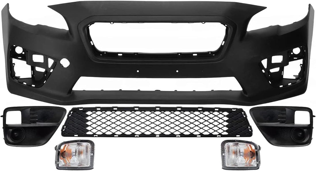 Front Bumper Cover Primed Plastic + Lower Center Grille + Fog Lights Cover + Signal Lamp Left Driver & Right Passenger Side Direct Replacement Compatible With 2015-2017 Subaru WRX