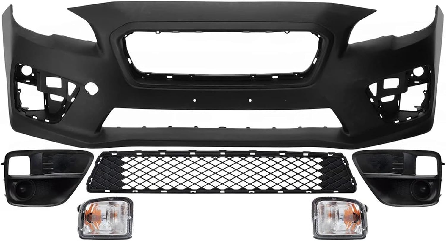 Front Bumper Cover Primed Plastic + Lower Center Grille + Fog Lights Cover + Signal Lamp Left Driver & Right Passenger Side Direct Replacement Compatible With 2015-2017 Subaru WRX