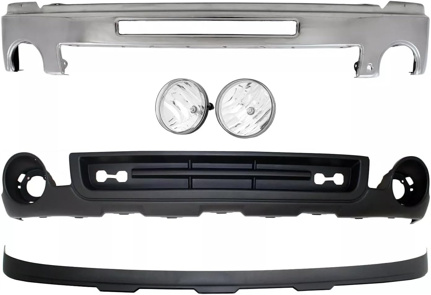 Front Bumper Chrome Steel + Lower Valance Air Deflector Textured + Extension + Fog Lamps Assembly Left & Right Side Direct Replacement Compatible With 2007-2013 GMC Sierra 1500
