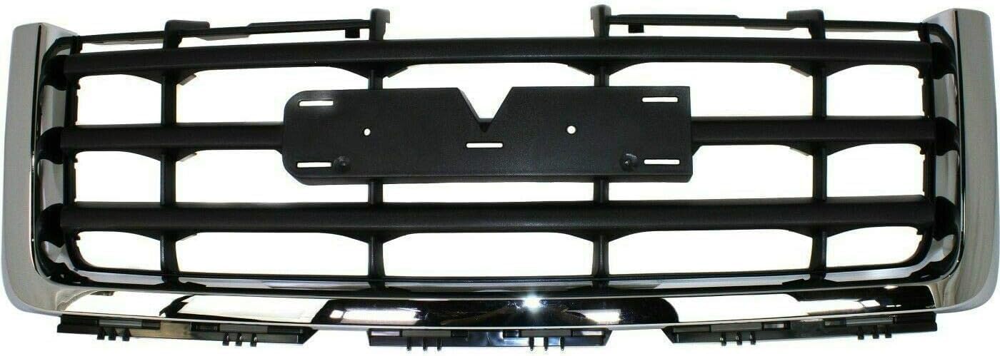 Front Bumper + Grille Chrome Shell With Painted Black Insert + Upper Cover Primed + Bracket + Lower Valance Textured Direct Replacement Compatible With 2007-2013 GMC Sierra 1500