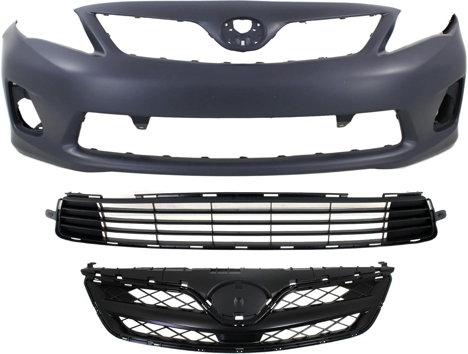 AUTOS PARTS PLUS Front Bumper Cover Primed + Upper Grille Painted Black Shell And Insert + Lower Textured Direct Replacement Compatible With 2011-2013 Toyota Corolla TO1000372 TO1036125 TO1200340