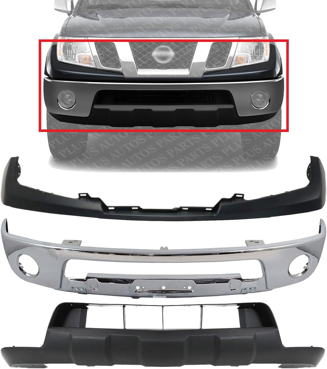 Front Bumper Chrome Steel + Upper Cover + Lower Valance Primed Direct Replacement Compatible With 2005-2017 Nissan Frontier NI1002143 NI1014100 NI1015100 62014ZL00B 62025ZL00B
