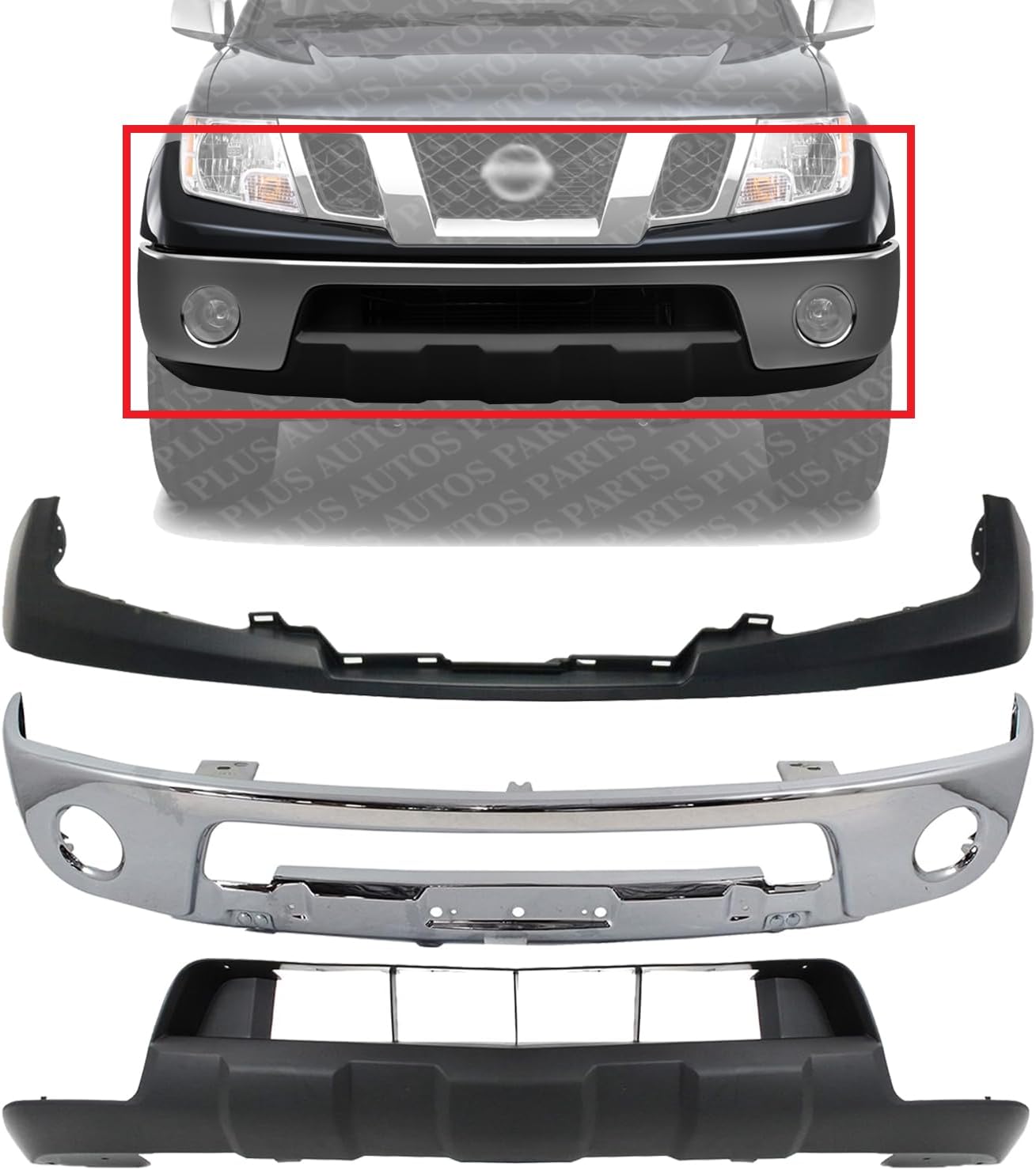 Front Bumper Chrome Steel + Upper Cover + Lower Valance Primed Direct Replacement Compatible With 2005-2017 Nissan Frontier NI1002143 NI1014100 NI1015100 62014ZL00B 62025ZL00B