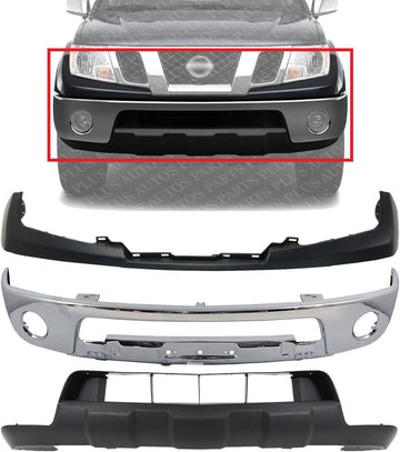 Front Bumper Chrome Steel + Upper Cover + Lower Valance Primed Direct Replacement Compatible With 2005-2017 Nissan Frontier NI1002143 NI1014100 NI1015100 62014ZL00B 62025ZL00B