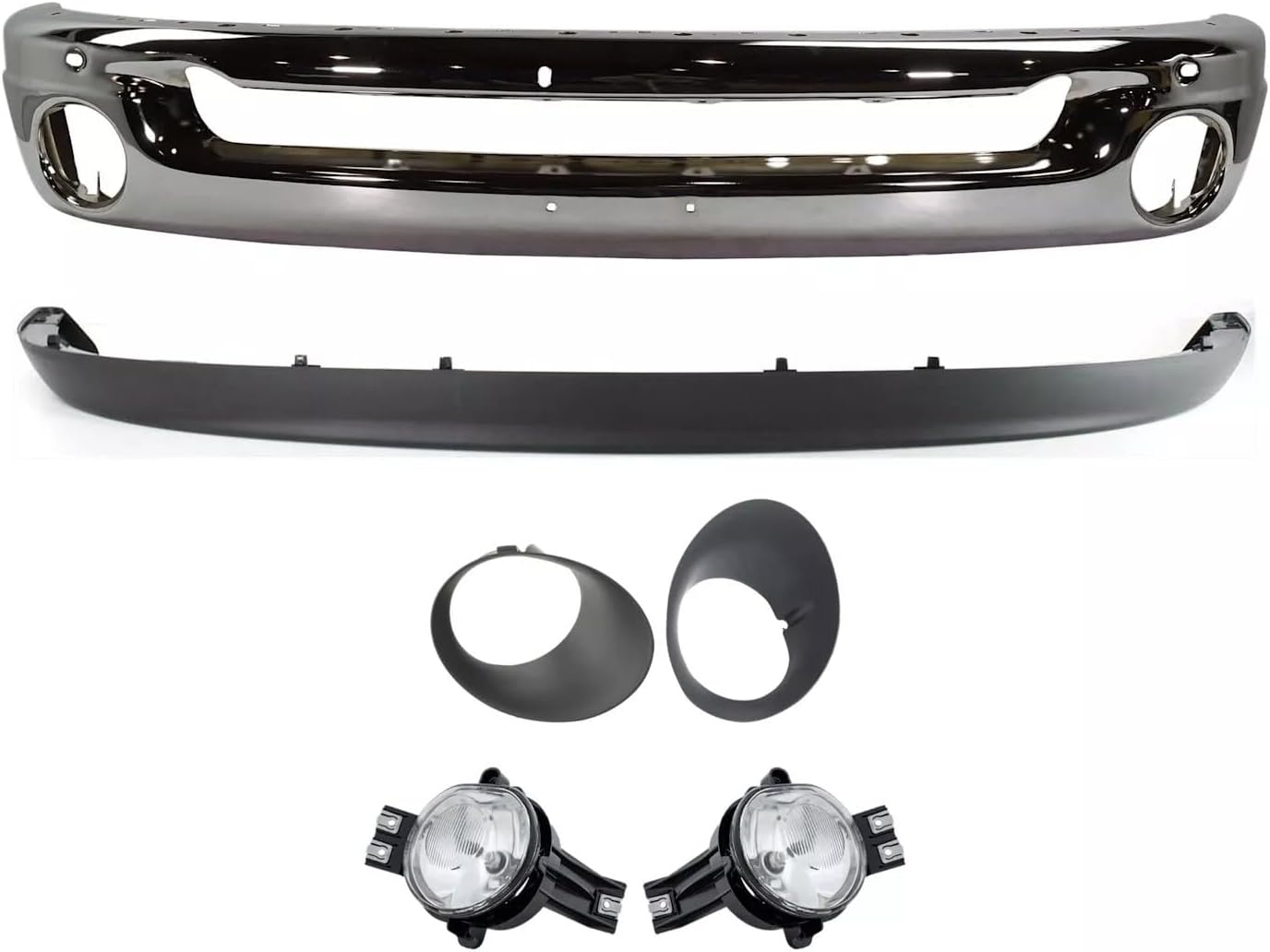 Front Bumper Face Bar Chrome Steel + Lower Valance Air Dam + Fog Lamps + Moldings Left & Right Side Direct Replacement Compatible With 2002-2008 Dodge Ram 1500/2003-2009 2500 3500