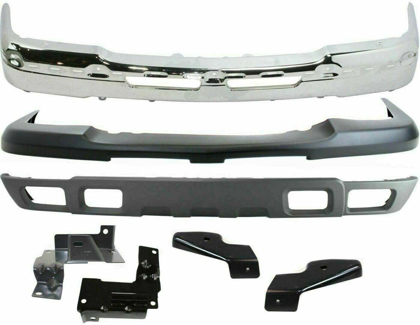 Front Bumper Chrome Steel + Upper Cover + Lower Valance Textured + Brackets Set Of 4 Direct Replacement Compatible With Chevrolet Silverado 1500 2003-2006 / Avalanche 2002-2006