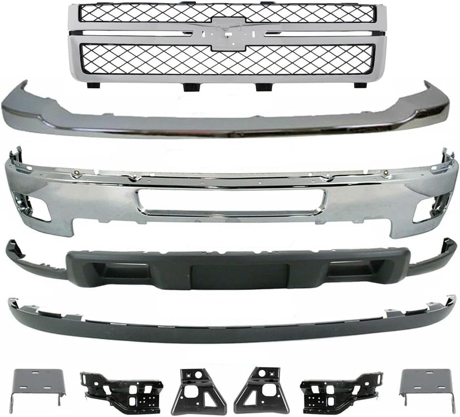 Front Bumper + Grille + Upper Cover Chrome + Valance + Extension Textured + Set Of 6 Bracket Right & Left Side Direct Replacement Compatible With Chevy Silverado 2500HD 3500HD 2011-14