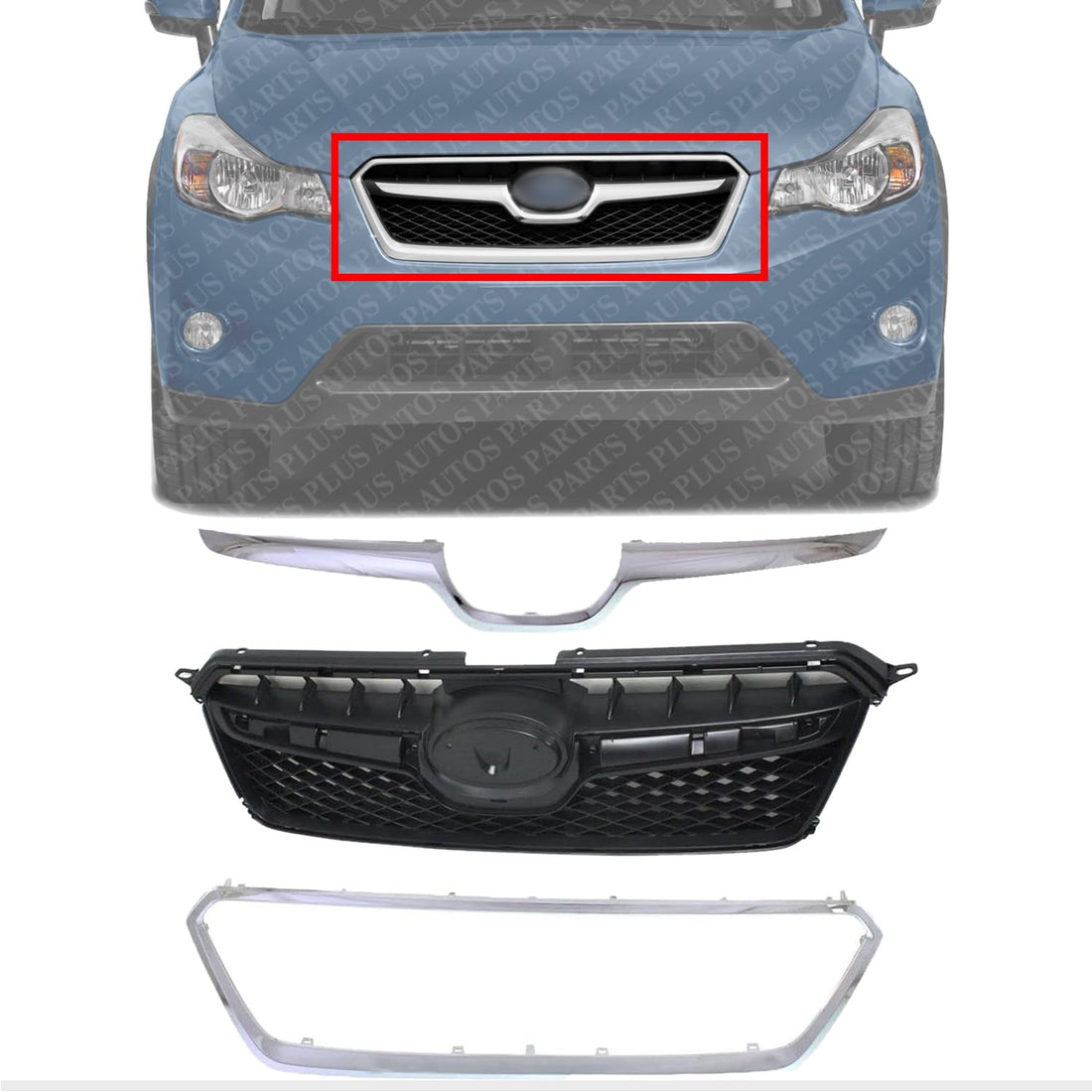 Front Grille Black Shell and Insert + Moldings Center & Surround Chrome Plastic Direct Replacement Compatible With Subaru XV Crosstrek 2013-2015 SU1200151 SU1210100 SU1202100