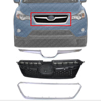 Front Grille Black Shell and Insert + Moldings Center & Surround Chrome Plastic Direct Replacement Compatible With Subaru XV Crosstrek 2013-2015 SU1200151 SU1210100 SU1202100