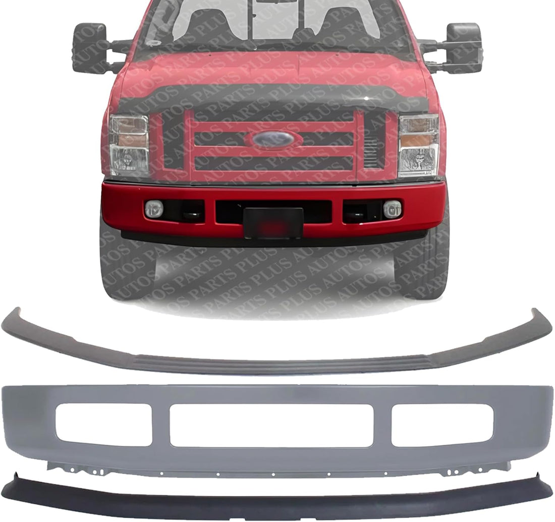 Front Bumper Primed Steel + Upper Molding + Lower Valance Spoiler Textured Direct Replacement Compatible With 2008-2010 Ford F-250 F-350 Super Duty FO1044103 FO1002403 FO1093114