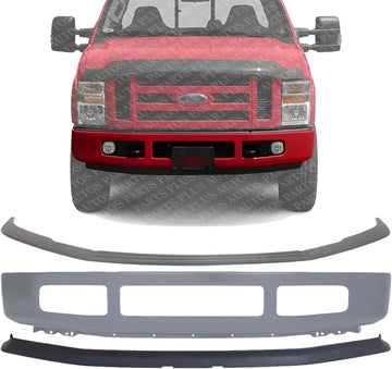 Front Bumper Primed Steel + Upper Molding + Lower Valance Spoiler Textured Direct Replacement Compatible With 2008-2010 Ford F-250 F-350 Super Duty FO1044103 FO1002403 FO1093114