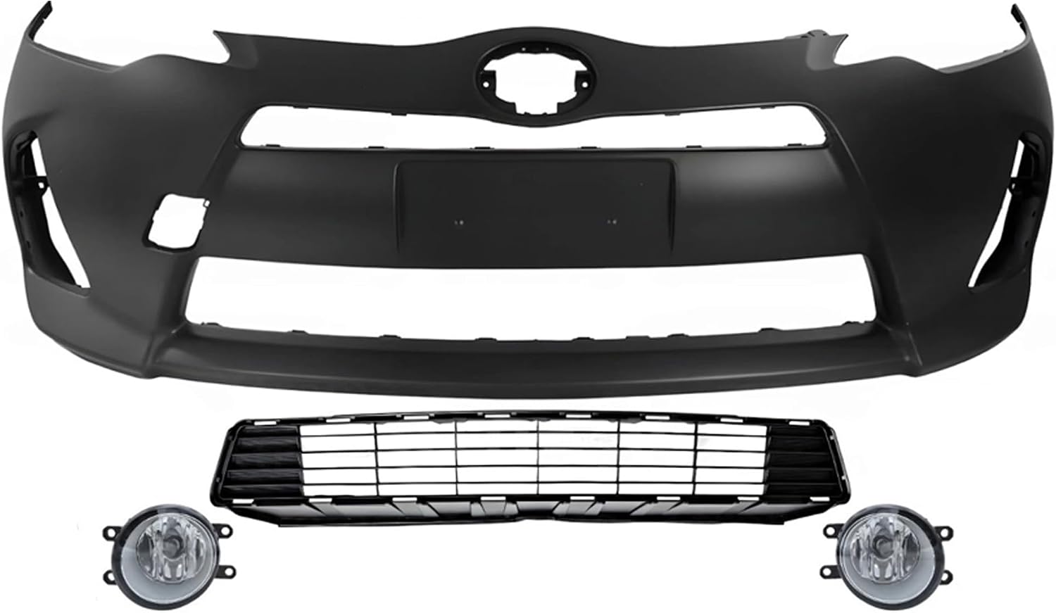 Front Bumper Cover Primed Plastic + Lower Grille + Turn Signal Lamp + Fog Light + Trim Left Driver & Right Passenger Side Direct Replacement Compatible With 2012-2014 Toyota Prius C