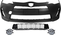 Front Bumper Cover Primed Plastic + Lower Grille + Turn Signal Lamp + Fog Light + Trim Left Driver & Right Passenger Side Direct Replacement Compatible With 2012-2014 Toyota Prius C