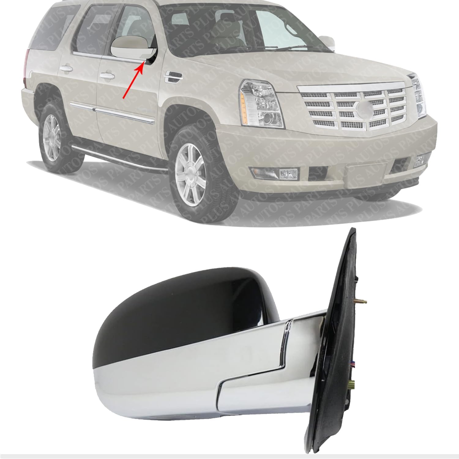Front Power Folding Mirror Heated Chrome Base With Paintable Cap Right Passenger Side Direct Replacement Compatible With Cadillac Escalade 2007-2014 GM01ER-S 25776162