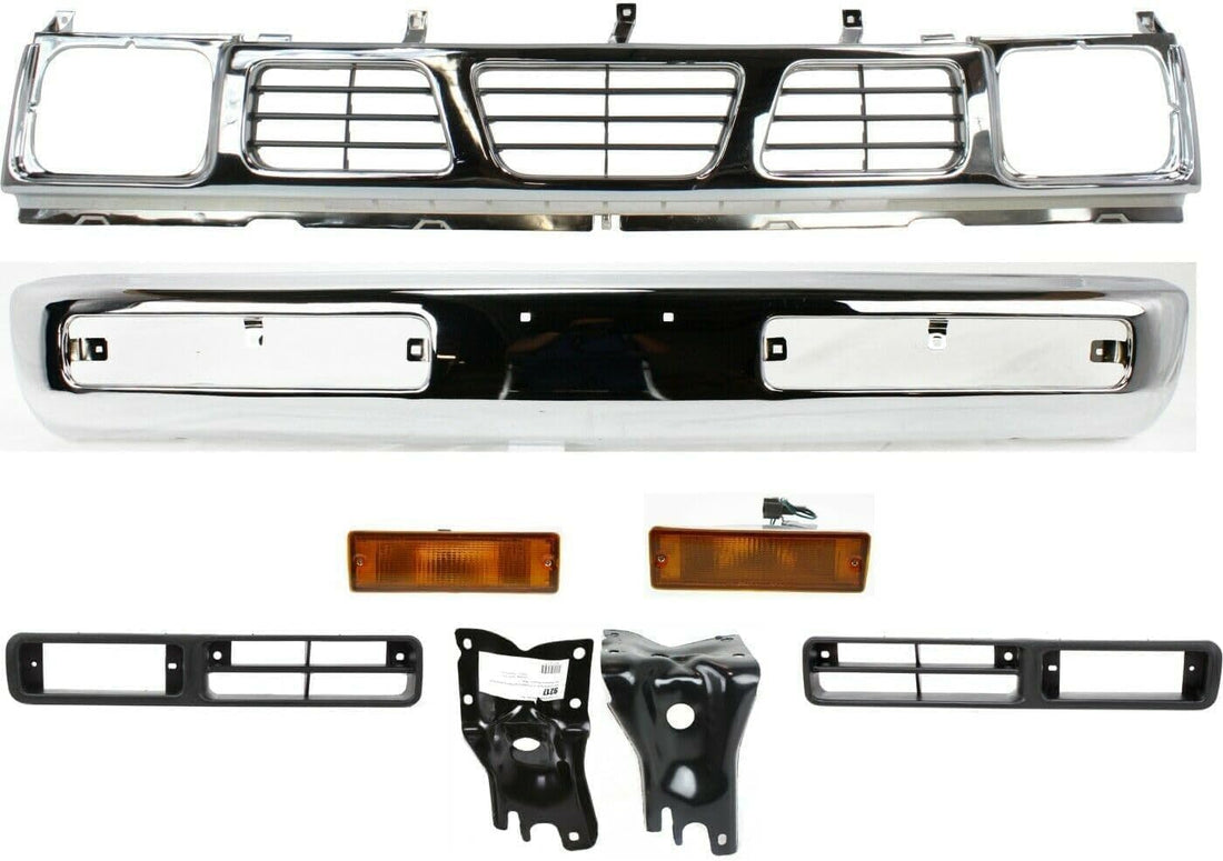 Front Bumper Chrome + Grille + Brackets + Signal Lamp + Light Molding Bezel Left Driver & Right Passenger Side Direct Replacement Compatible With 1996-1997 Nissan Pickup NI1002127