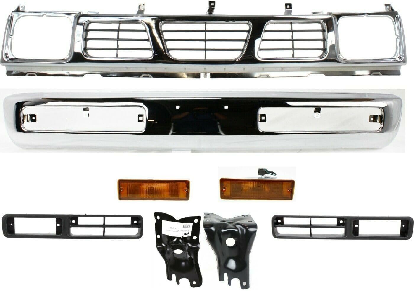 Front Bumper Chrome + Grille + Brackets + Signal Lamp + Light Molding Bezel Left Driver & Right Passenger Side Direct Replacement Compatible With 1996-1997 Nissan Pickup NI1002127
