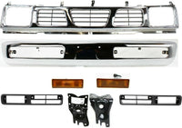 Front Bumper Chrome + Grille + Brackets + Signal Lamp + Light Molding Bezel Left Driver & Right Passenger Side Direct Replacement Compatible With 1996-1997 Nissan Pickup NI1002127
