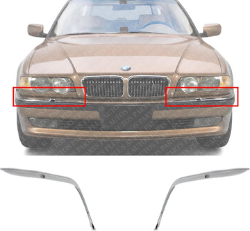 Set Of 2 Front Bumper Outer Cover Molding Chrome Plastic Left Driver & Right Passenger Side Direct Replacement Compatible With 1995-2001 BMW 7-Series BM1047104 BM1046104