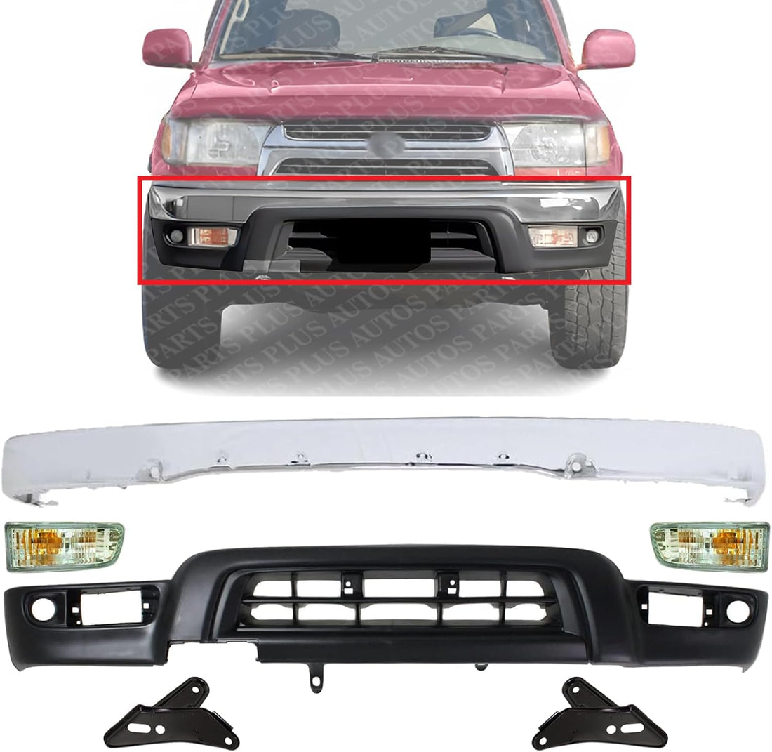 Front Bumper Chrome + Lower Valance Primed + Brackets + Signal Lights Left Driver & Right Passenger Side Direct Replacement Compatible With 1999-2002 Toyota 4Runner TO2531133