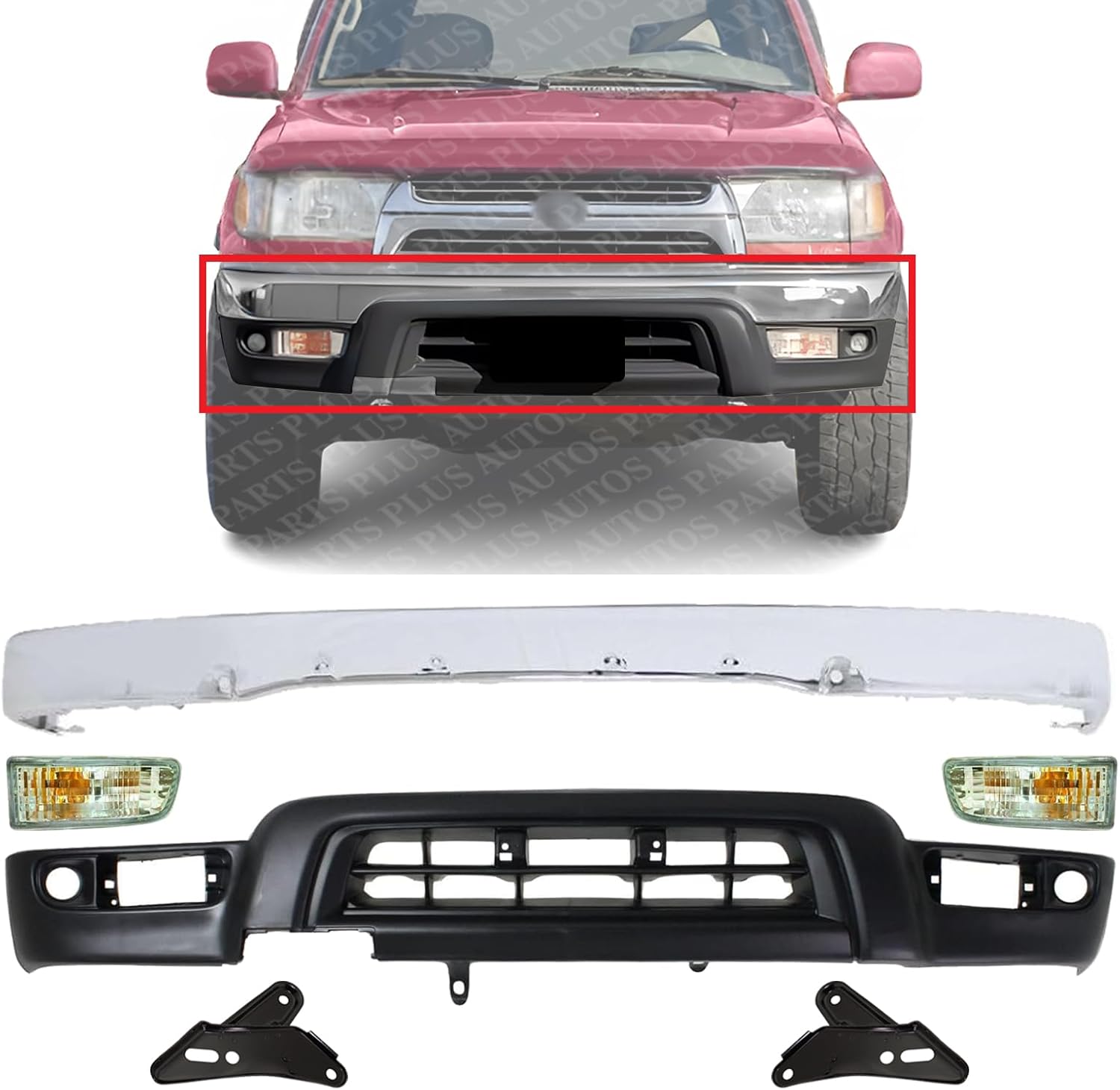 Front Bumper Chrome + Lower Valance Primed + Brackets + Signal Lights Left Driver & Right Passenger Side Direct Replacement Compatible With 1999-2002 Toyota 4Runner TO2531133