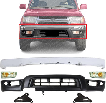 Front Bumper Chrome + Lower Valance Primed + Brackets + Signal Lights Left Driver & Right Passenger Side Direct Replacement Compatible With 1999-2002 Toyota 4Runner TO2531133
