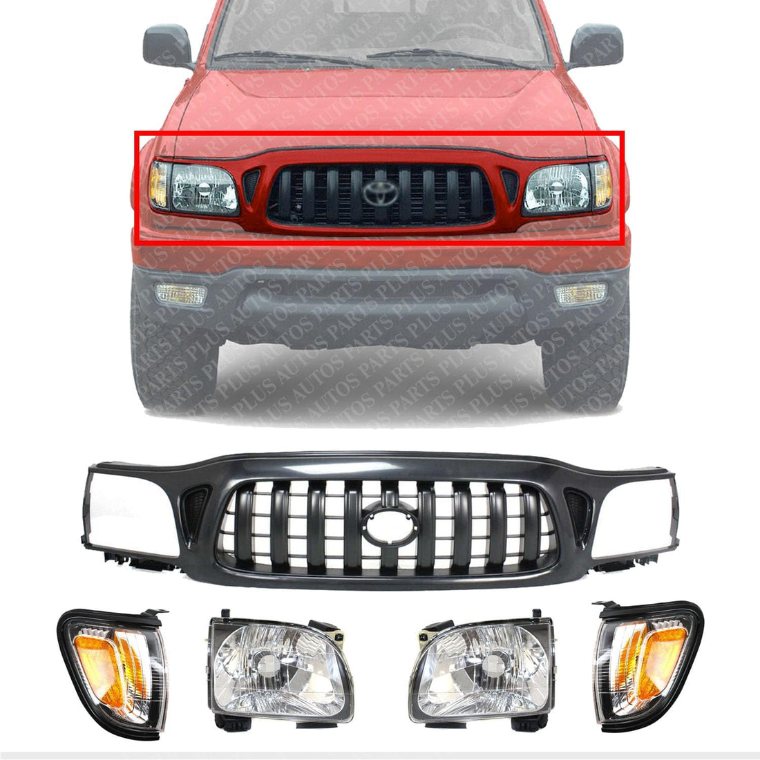 Front Grille Primed Shell & Insert + HeadLight & Corner Lamp Left Driver & Right Passenger Side Direct Replacement Compatible With 2001-2004 Toyota Tacoma TO2502136 TO2503136