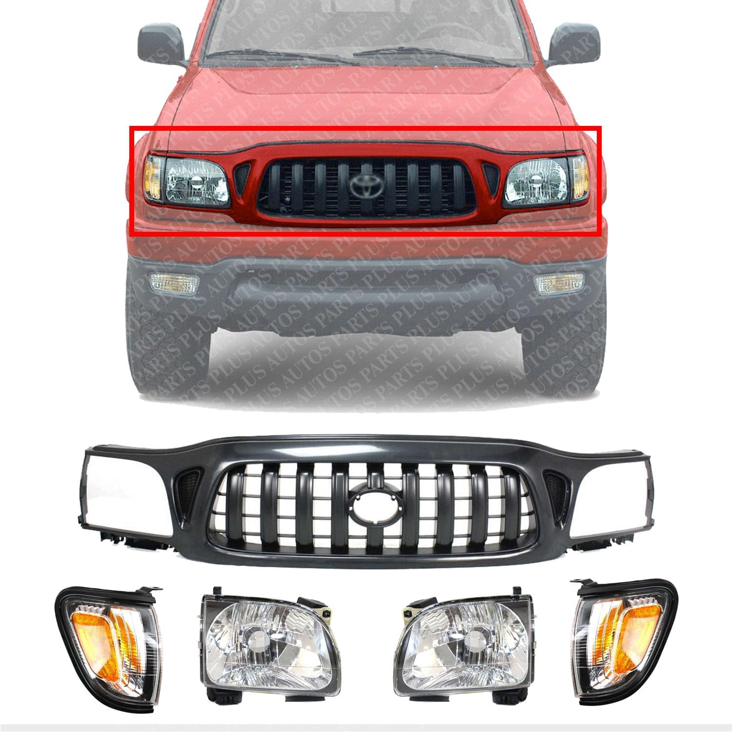 Front Grille Primed Shell & Insert + HeadLight & Corner Lamp Left Driver & Right Passenger Side Direct Replacement Compatible With 2001-2004 Toyota Tacoma TO2502136 TO2503136
