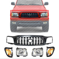 Front Grille Primed Shell & Insert + HeadLight & Corner Lamp Left Driver & Right Passenger Side Direct Replacement Compatible With 2001-2004 Toyota Tacoma TO2502136 TO2503136